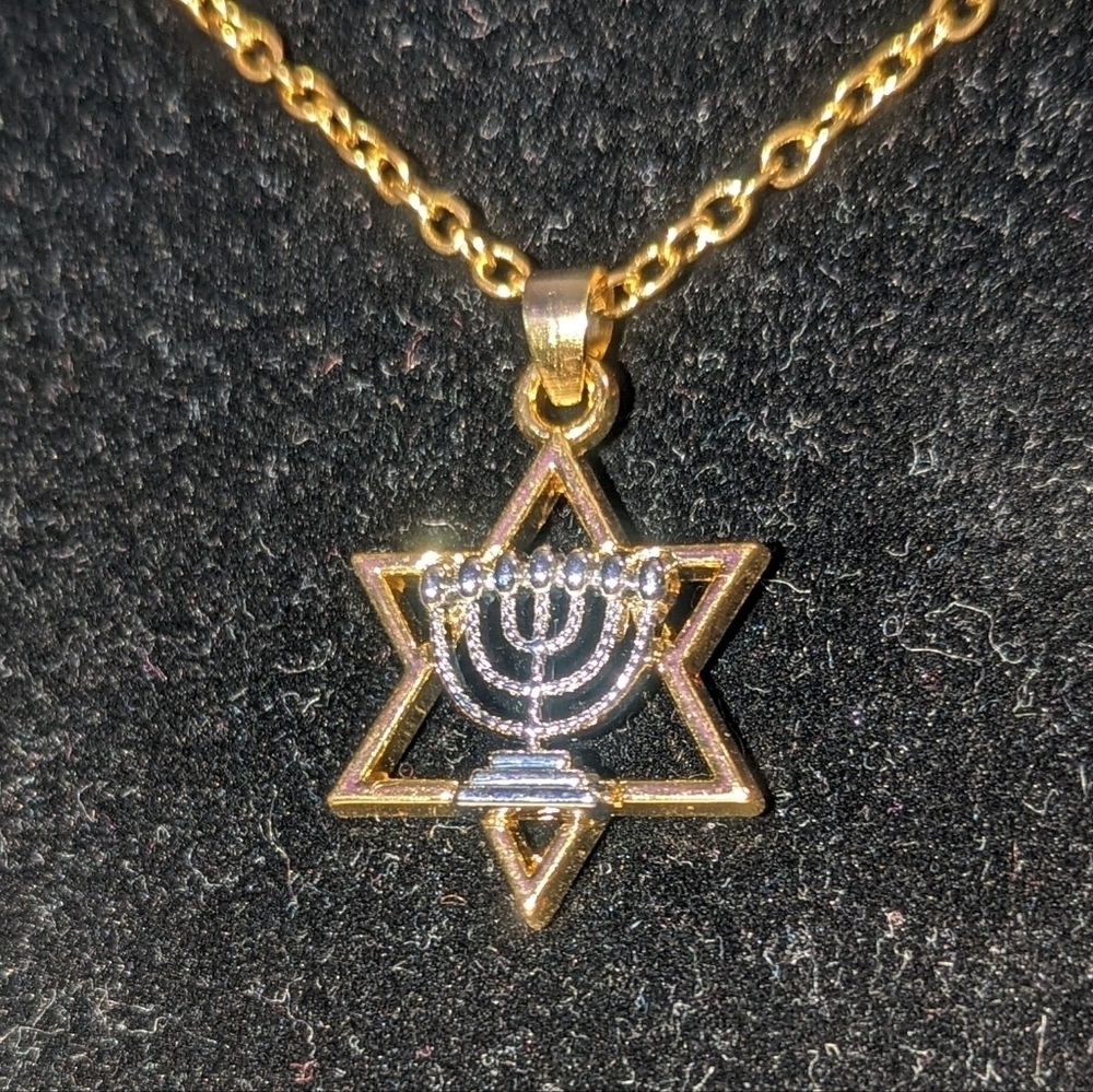 Necklace--Silvery 7 Branch Menorah over Golden Star of David